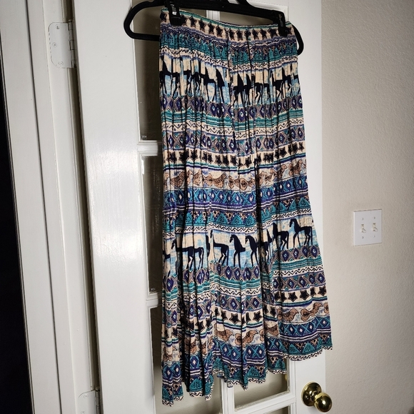 Vintage Phool Western Horse Bird Print Boho Crinkle Lightweight Midi Skirt Small - Picture 2 of 9